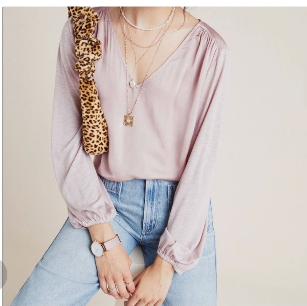 Anthropologie x Velvet by Graham and Spencer Pink Satin V Neck Edana Top med